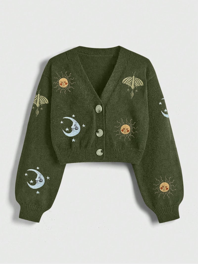 New Women'S Embroidered Button Knitted Cardigan Sweater Sun And Moon Pattern Lantern Sleeve V Neck Cardigan Top - Image 1